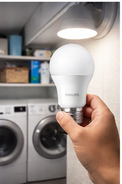 Philips Essential LED Bulb 13W E27 230V, 6500K cool daylight, held in hand near laundry appliances. UAE