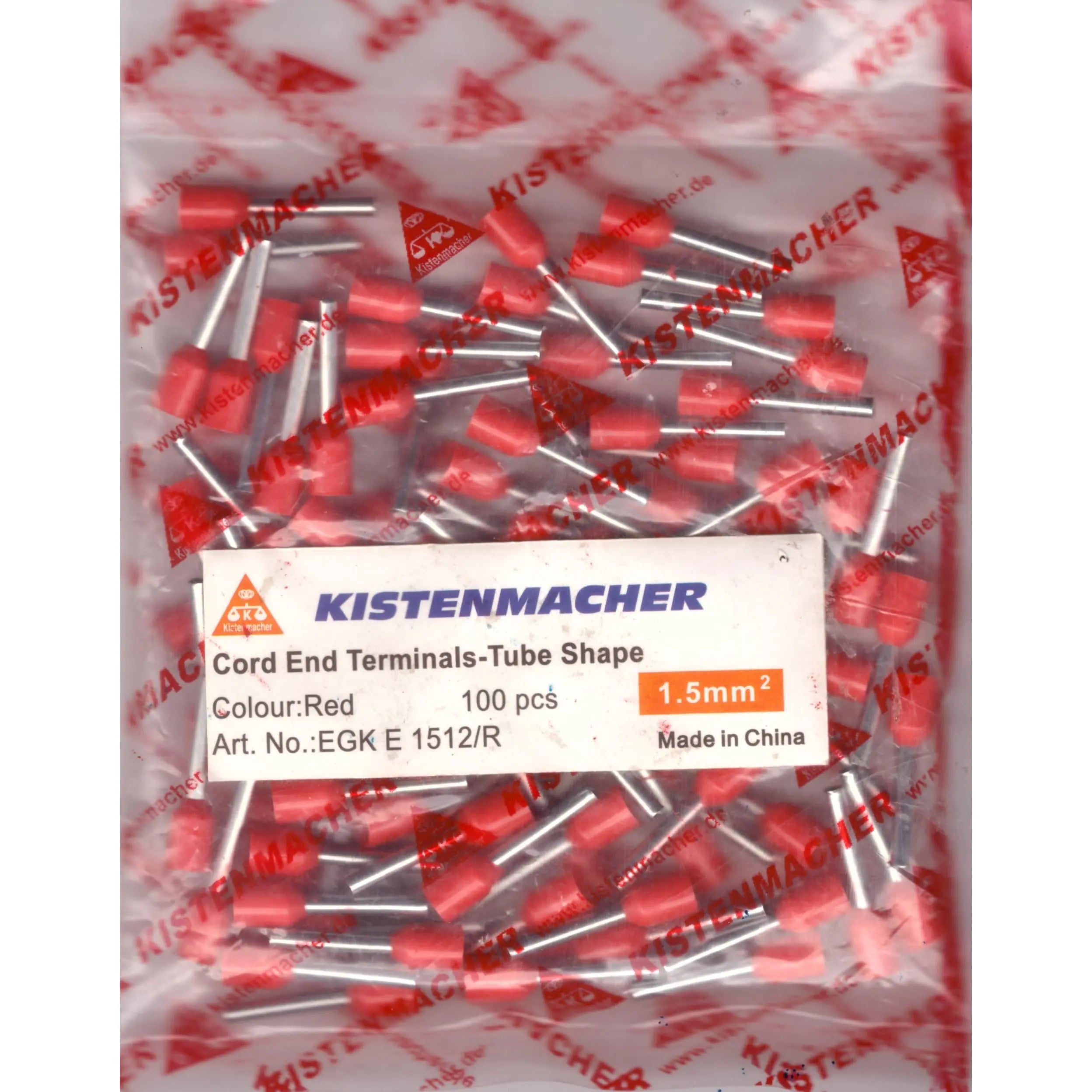 Kistenmacher cord end terminals, red insulated tube-shaped connectors, 1.5 mm², model EGK E1512/R, 100 pcs. UAE