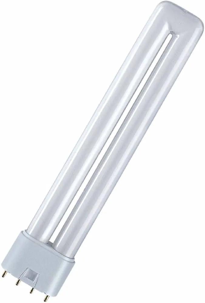 Osram Dulux-L 24W 2G11 4-pin CFL lamp with twin tubes and gray base, angled view.