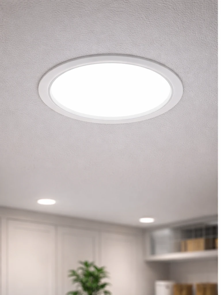 Philips Meson LED ceiling downlight, round white 200mm fixture, 24W, 1820lm, mounted in ceiling. UAE