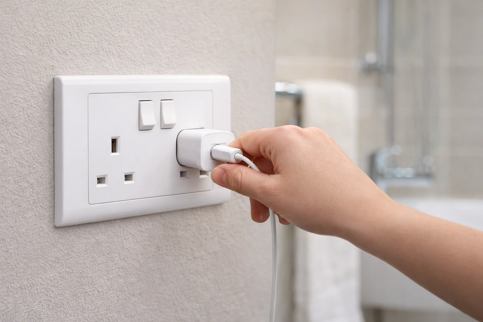 MK Electric MV2747WHI 13A switched socket, white wall outlet; hand inserts plug (front view) UAE