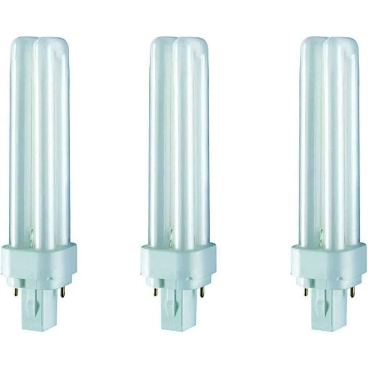 Osram Dulux-D 18W G24d-2 compact fluorescent lamp, three units shown upright with two-pin bases. UAE