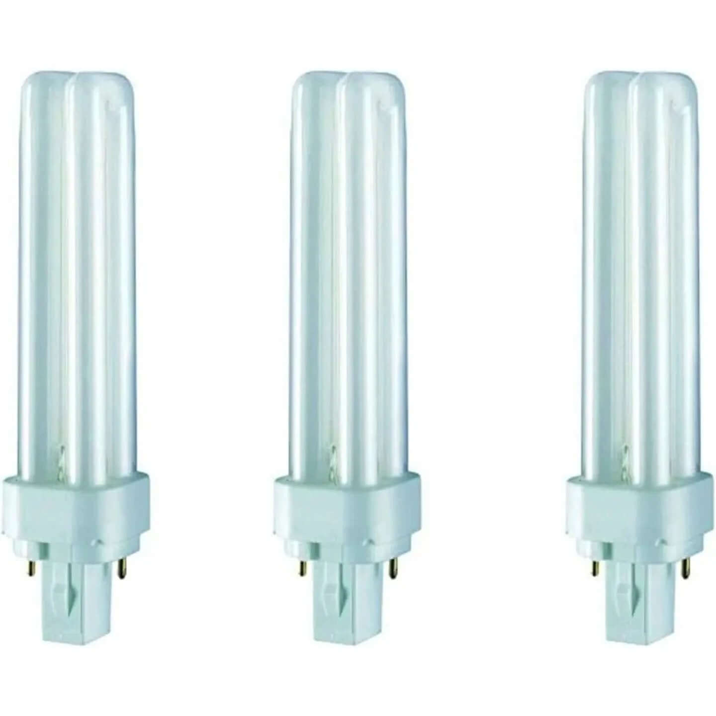 Osram Dulux-D 18W G24d-2 compact fluorescent lamp, three units shown upright with two-pin bases. UAE