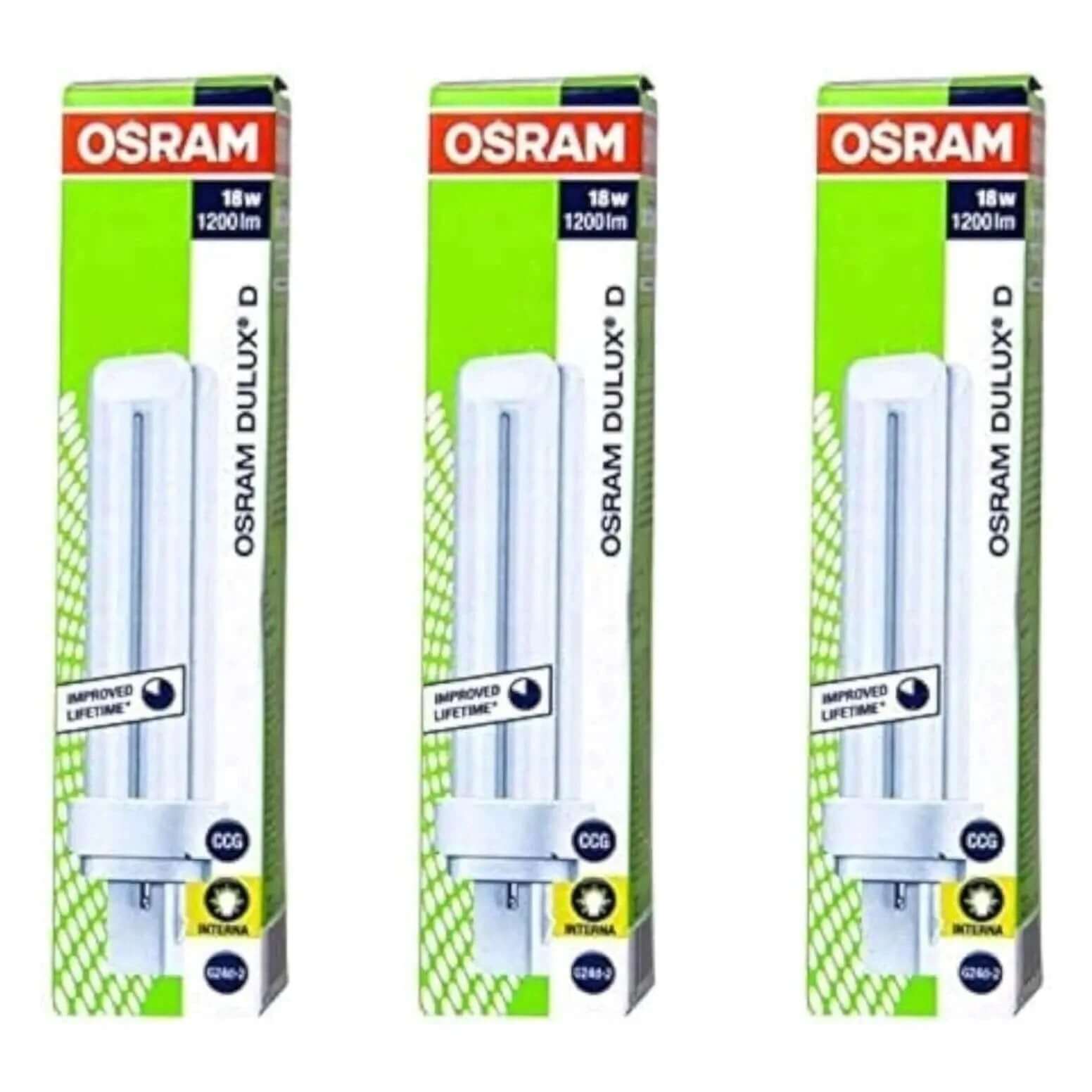Packaging image of three Osram Dulux-D 18W G24d-2 compact fluorescent lamps, 1200 lm, in green and white boxes. UAE
