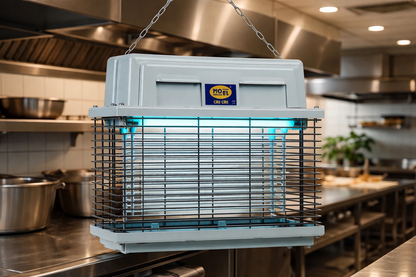 Mo-el Cri Cri 309 UV-A electric bug zapper in gray plastic housing, blue light behind metal grille. UAE