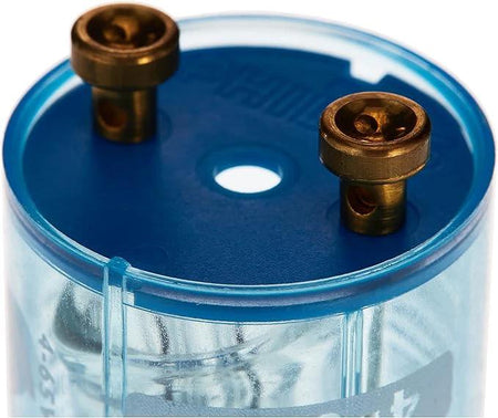 Deluxe Electricals Philips Starter S10 4-65W Sin 220-240V, blue circular starter with two brass terminals on top. UAE