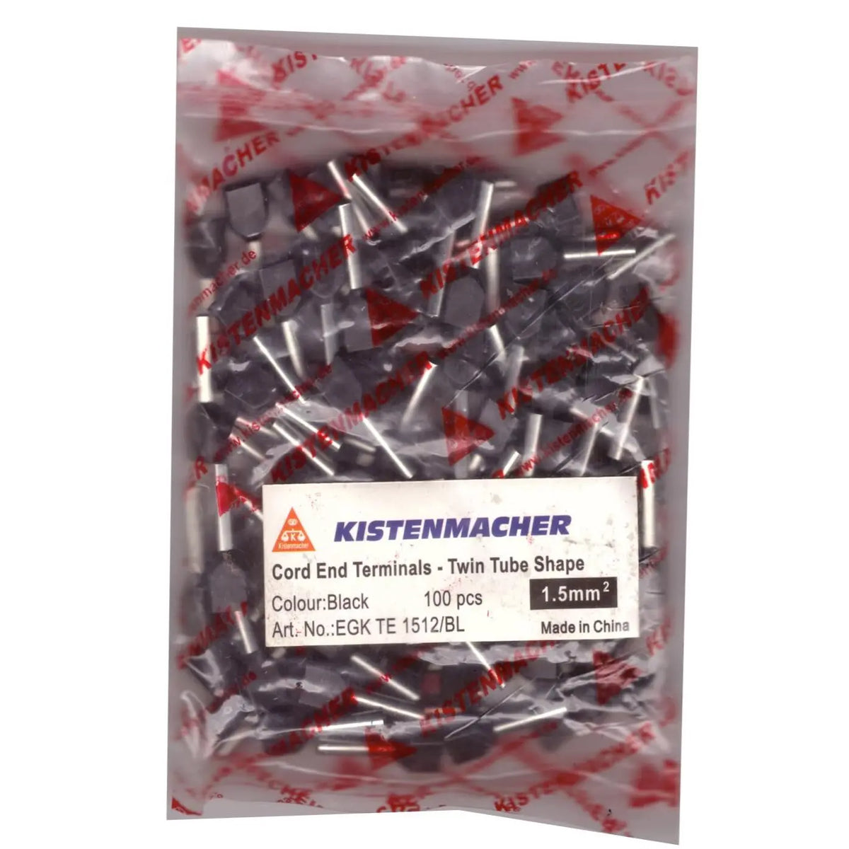 Kistenmacher insulated cord end terminals, twin-tube shape, black, 100 pcs in plastic bag. UAE