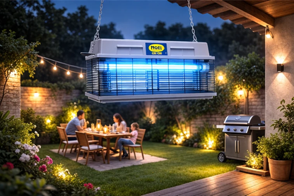 Mo-el Cri Cri 307 insect killer, heavy-duty 40W UV-A, hanging outdoors over a backyard dining area. UAE