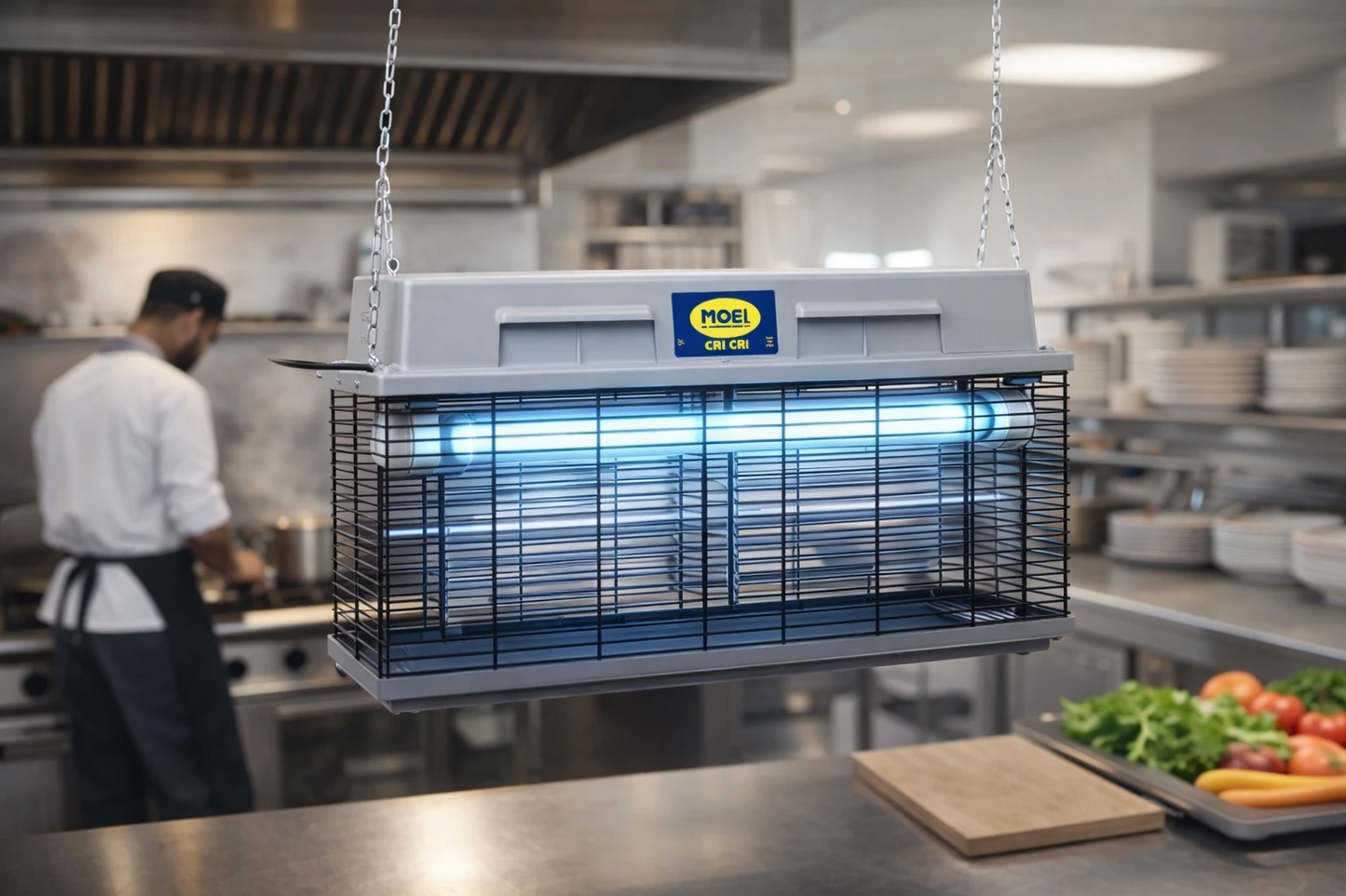 Mo-el Cri Cri 307 insect killer, heavy-duty 40W UV-A trap with blue glow, hanging in a professional kitchen. UAE