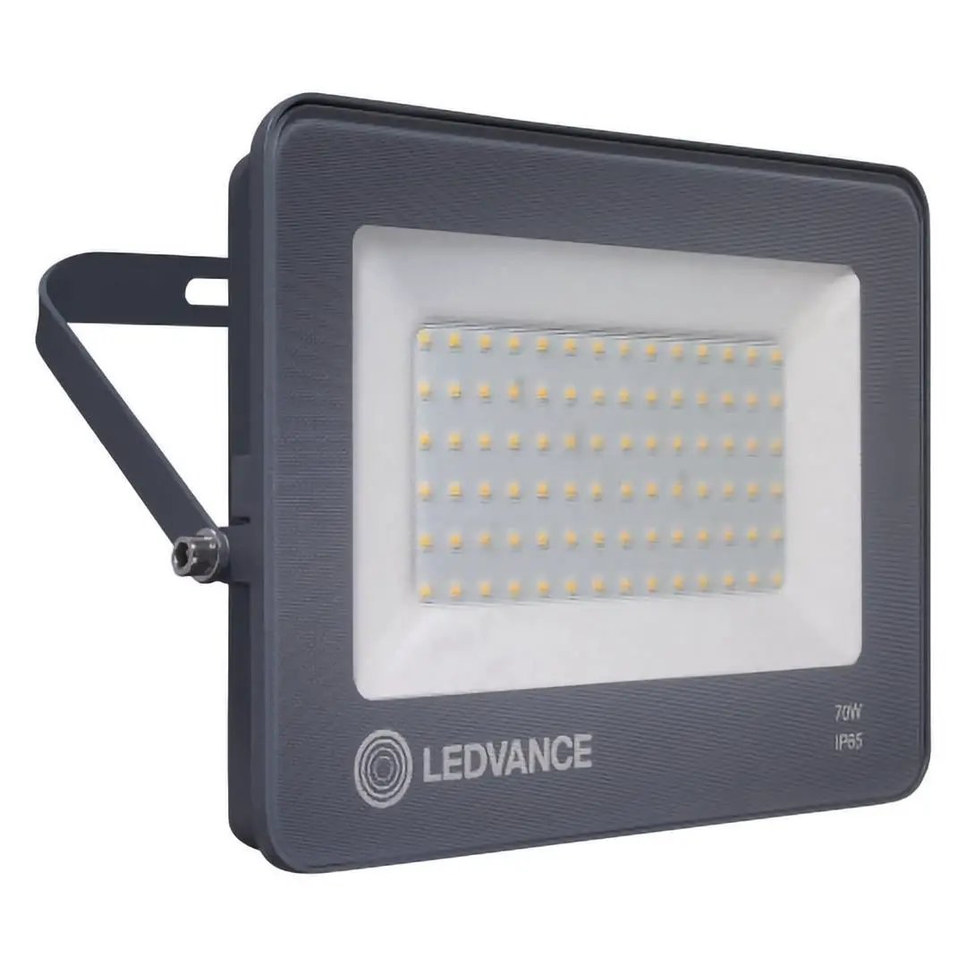 Ledvance LED Eco Floodlight 70W IP65; front view with dark gray housing, mounting bracket and LED array.