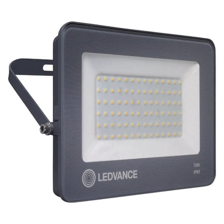 Ledvance LED Eco Floodlight 70W IP65; front view with dark gray housing, mounting bracket and LED array.