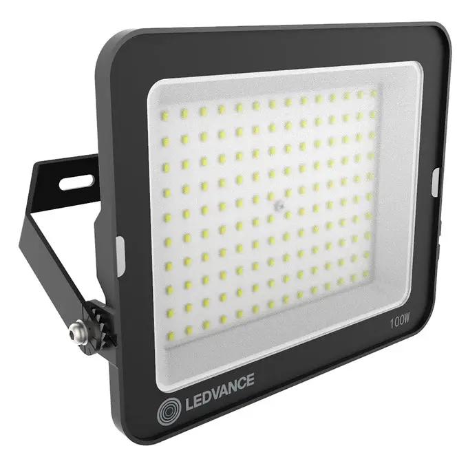 Ledvance LED Value Floodlight 100W IP65 G3, cool daylight, front view with mounting bracket.