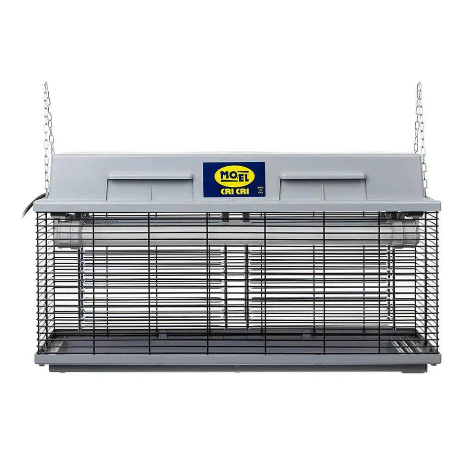 Mo-el Cri Cri 307 insect killer: gray housing, black wire mesh, 40W UV-A bug zapper with hanging chains. UAE