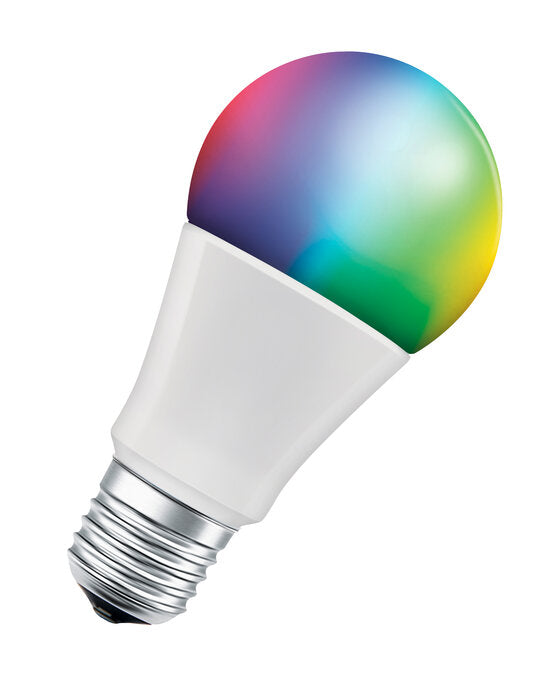 Ledvance SMART+ WiFi 14W E27 smart bulb angled view, frosted A75 body with colour-lit dome