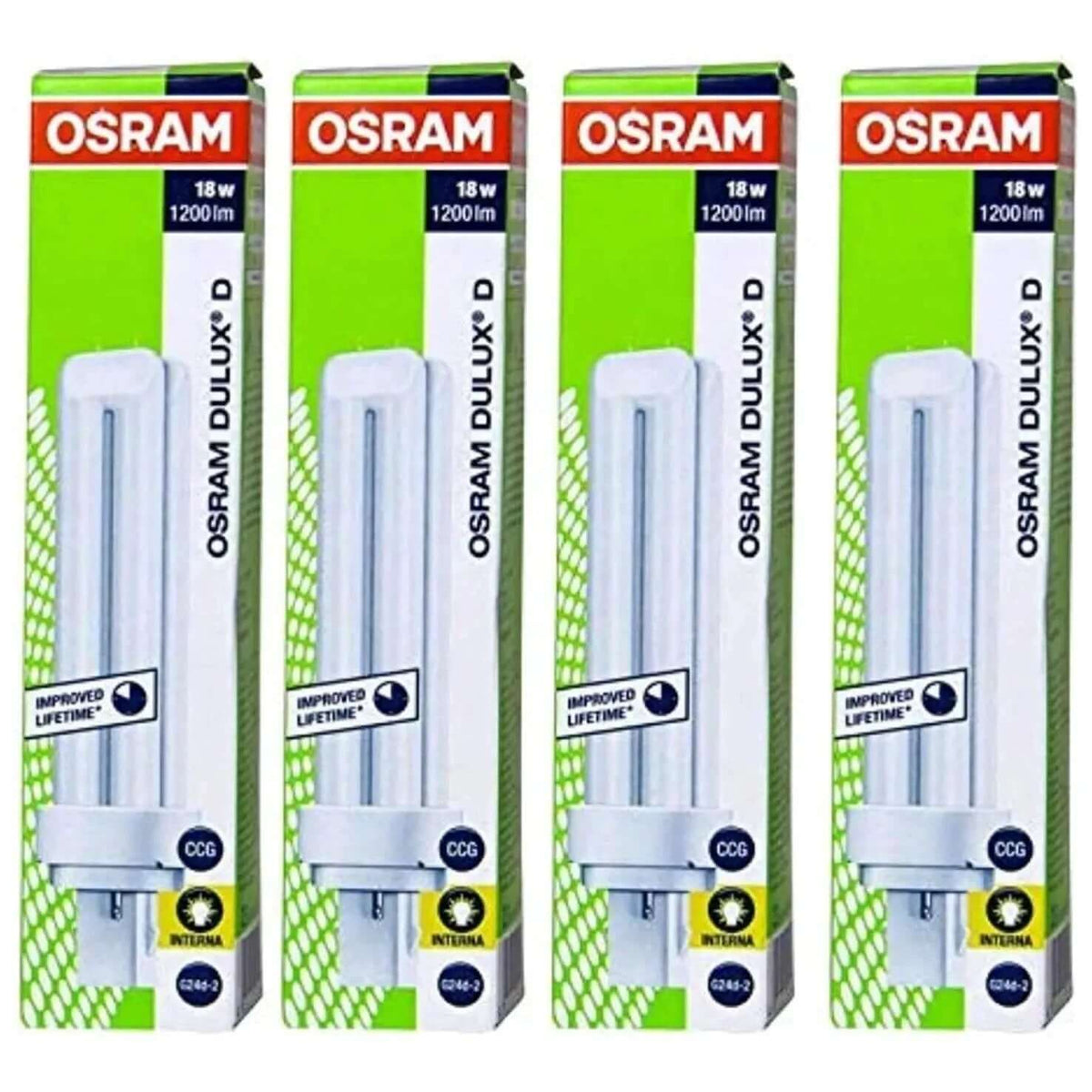 Osram Dulux-D 18W 2-pin G24d-2 CFL lamp packaging; four front-view boxes showing 1200 lm. UAE