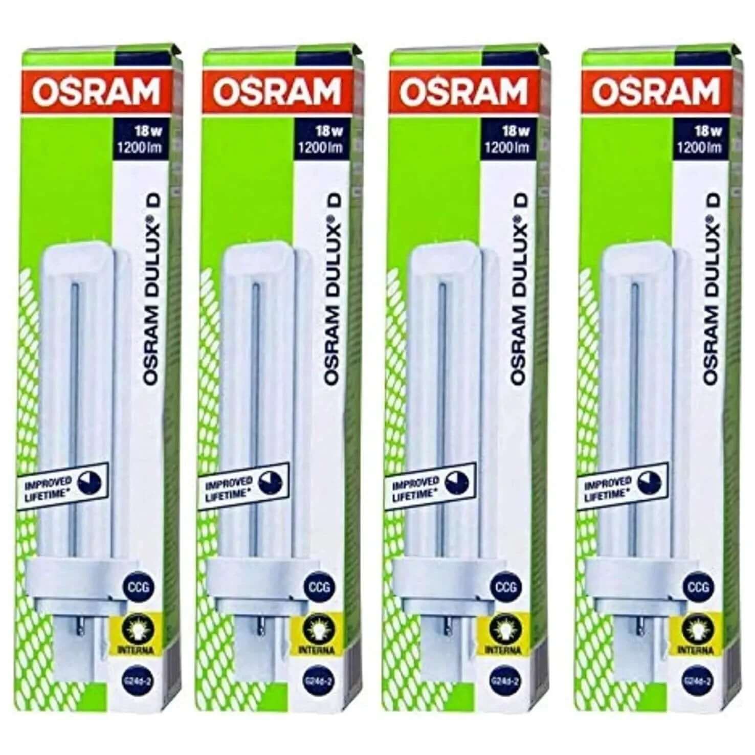 Osram Dulux-D 18W 2-pin G24d-2 CFL lamp packaging; four front-view boxes showing 1200 lm. UAE