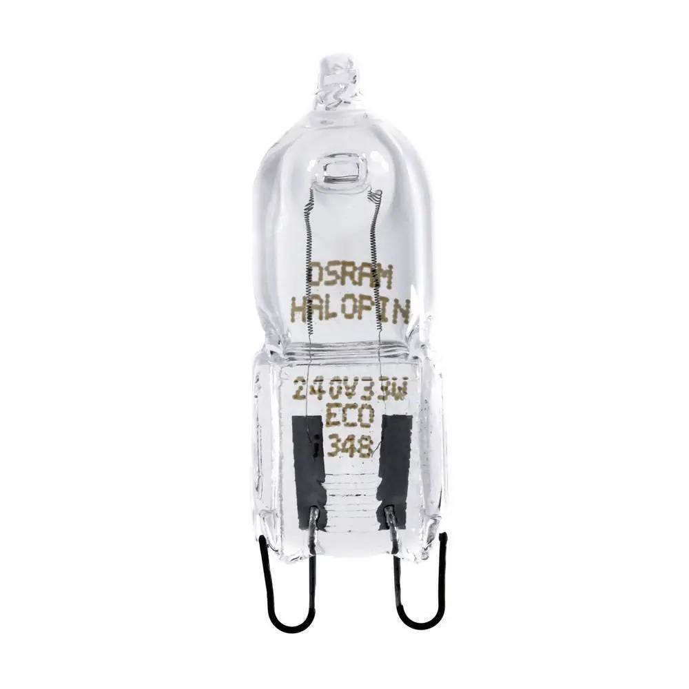 Osram G9 halogen capsule lamp, clear glass with two black U-shaped pins; shows Osram halogen label, 33W 240V