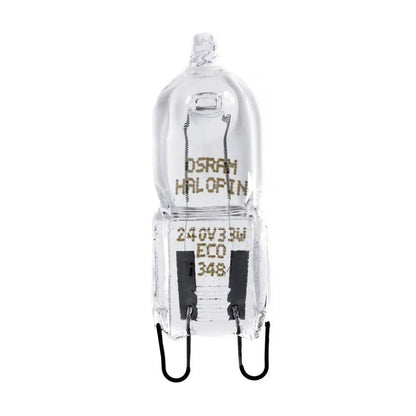 Osram G9 halogen capsule lamp, clear glass with two black U-shaped pins; shows Osram halogen label, 33W 240V