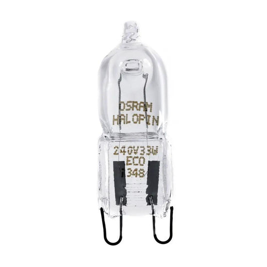 Osram G9 halogen capsule lamp, clear glass with two black U-shaped pins; shows Osram halogen label, 33W 240V