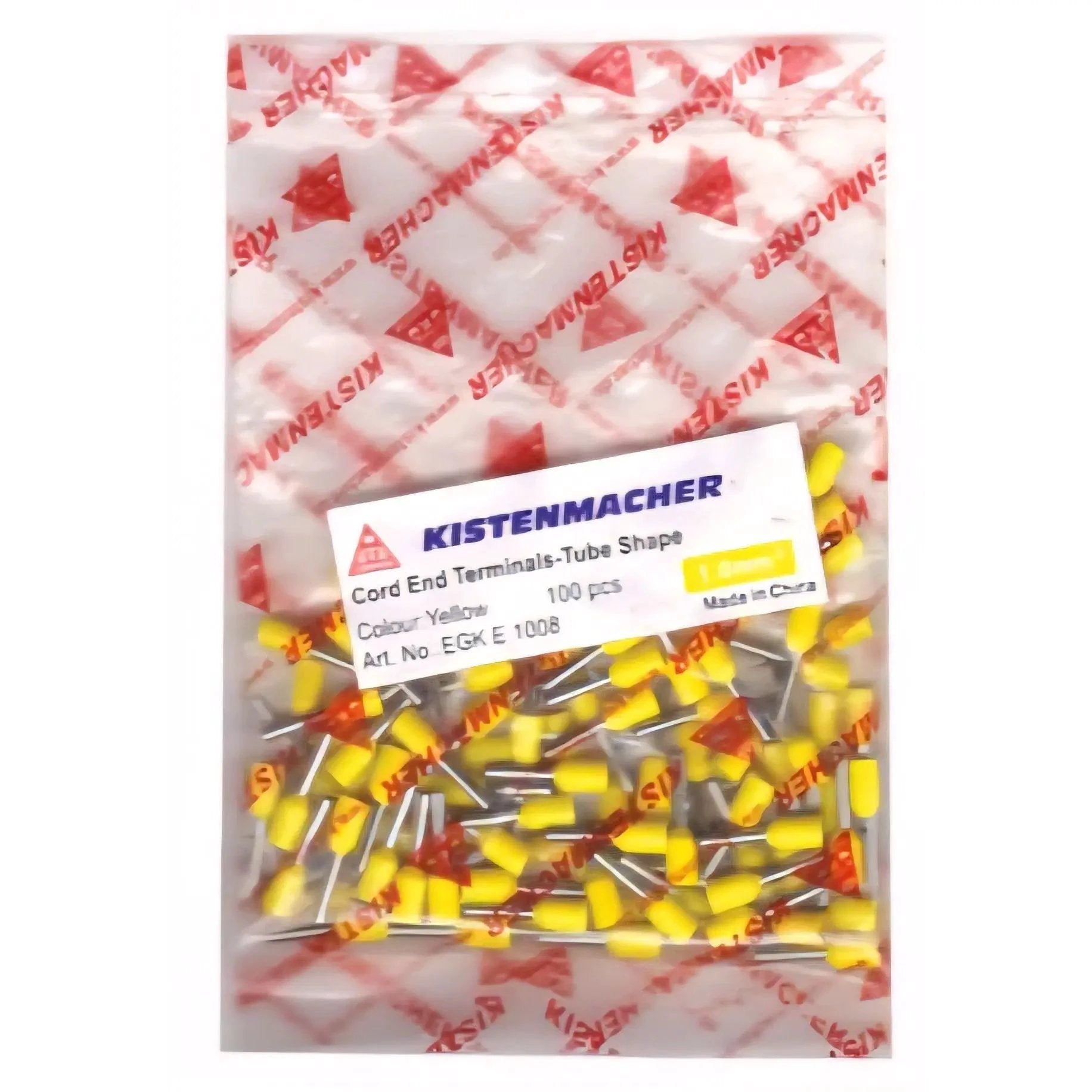 Kistenmacher insulated cord end terminals in a clear bag, yellow tube-shaped wire lugs, 100 pcs, brand label visible. UAE