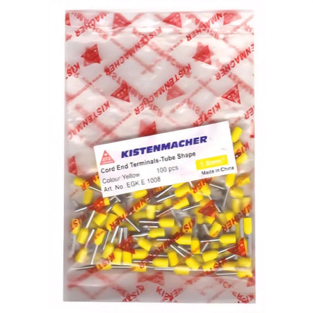 Kistenmacher insulated cord end terminals in a clear bag, yellow tube-shaped wire lugs, 100 pcs, brand label visible. UAE