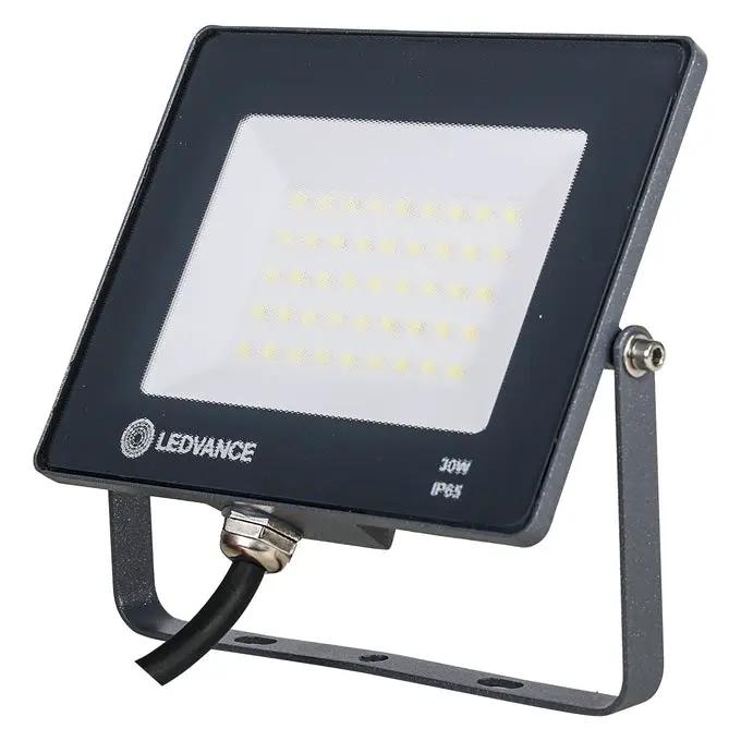 Ledvance LED Eco-Lite Floodlight 30W IP65 front view; black housing, mounting bracket, cable, LED array.