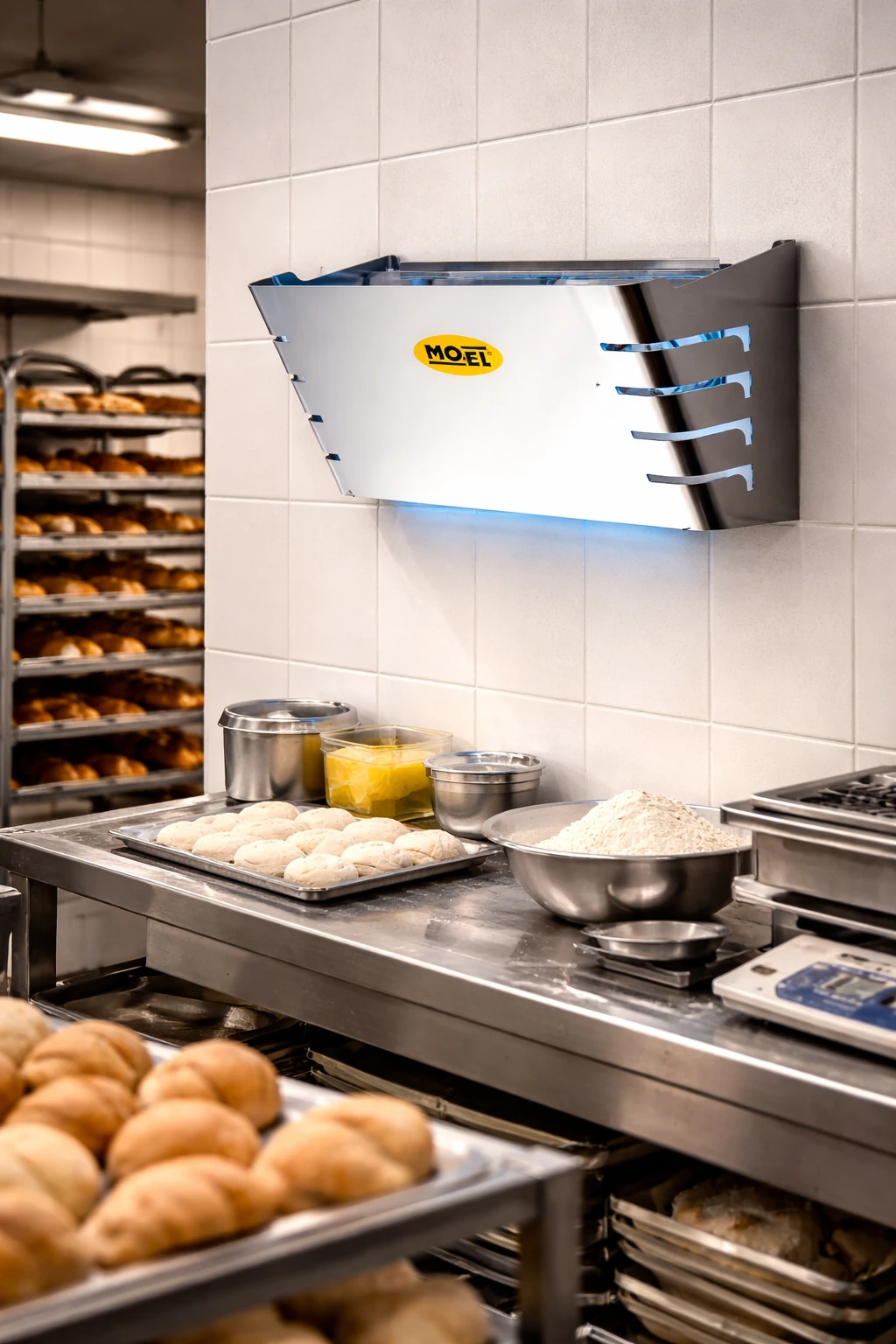 Mo-El Cri Cri 398R stainless steel UV-A wall-mounted insect killer on a white tiled kitchen wall beside bakery trays. UAE