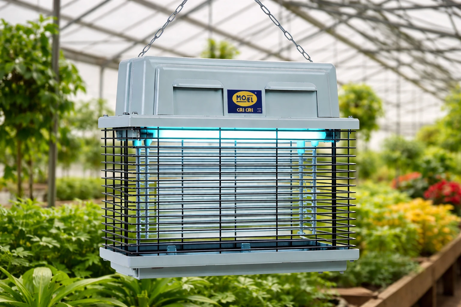 Mo-El Cri Cri 309 UV-A insect killer, hanging electric bug zapper with blue glow and protective grille. UAE