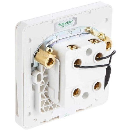 Schneider Electric AvatarOn 1-Gang Double-Pole switch, back view with brass terminal blocks and black wires UAE
