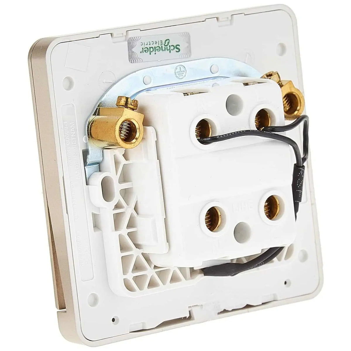 Schneider Electric AvatarOn 1-Gang DP switch back view with white body, brass terminals and black wires, 45 A UAE