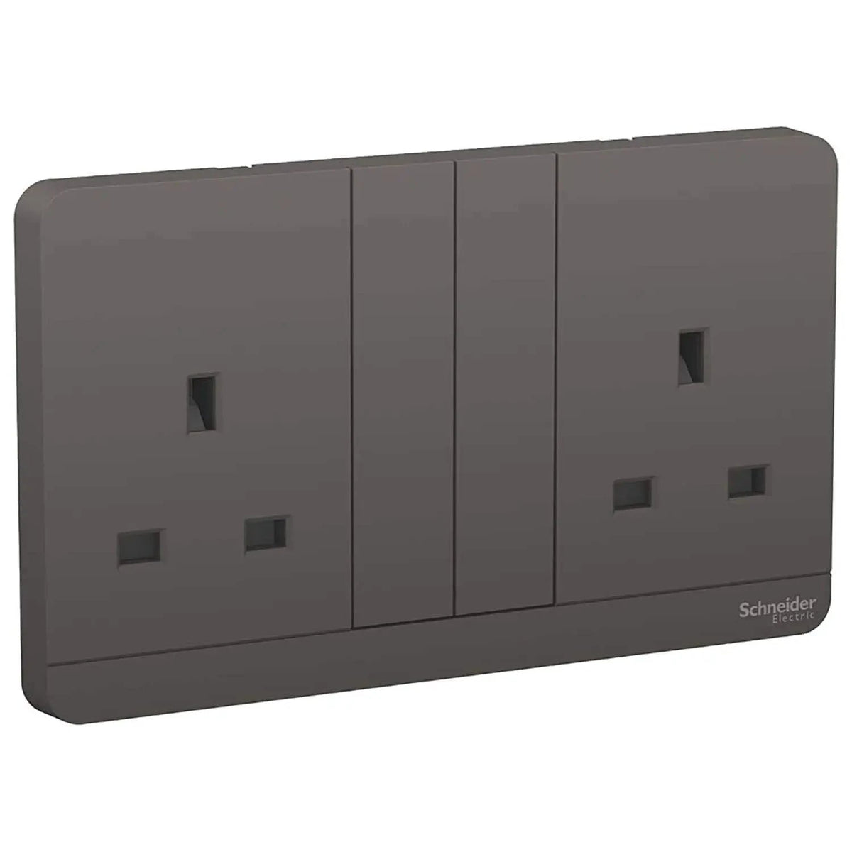 Schneider Electric AvatarOn 2-Gang socket plate in dark grey, 13A 250V, with brand logo visible. UAE