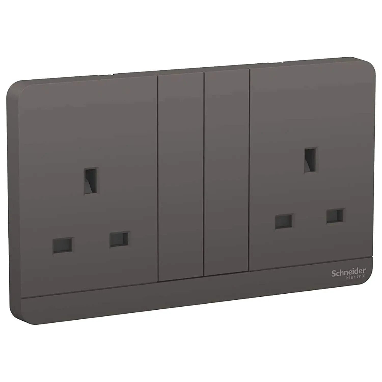 Schneider Electric AvatarOn 2-Gang socket plate in dark grey, 13A 250V, with brand logo visible. UAE
