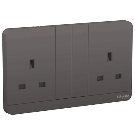 Schneider Electric AvatarOn 2-Gang socket plate in dark grey, 13A 250V, with brand logo visible. UAE