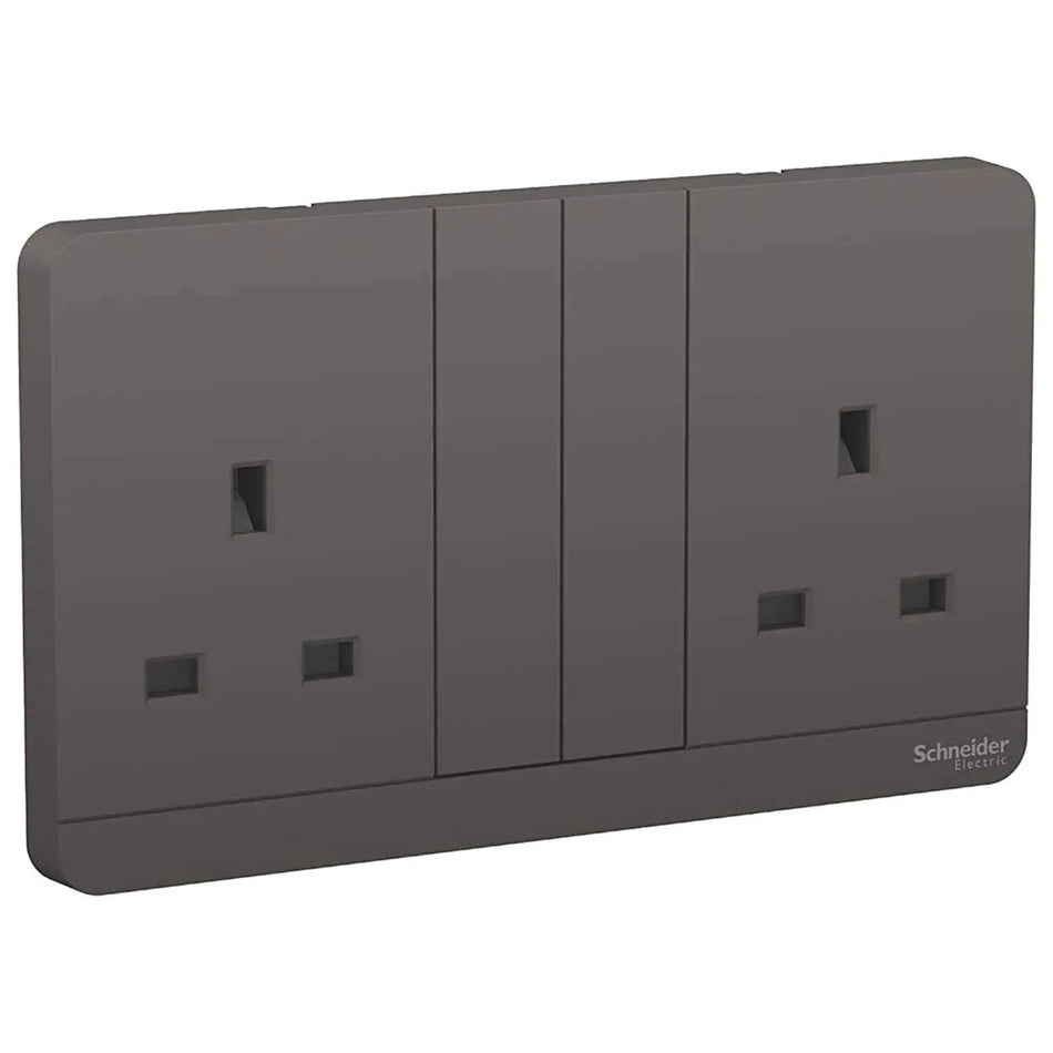 Schneider Electric AvatarOn 2-Gang socket plate in dark grey, 13A 250V, with brand logo visible. UAE