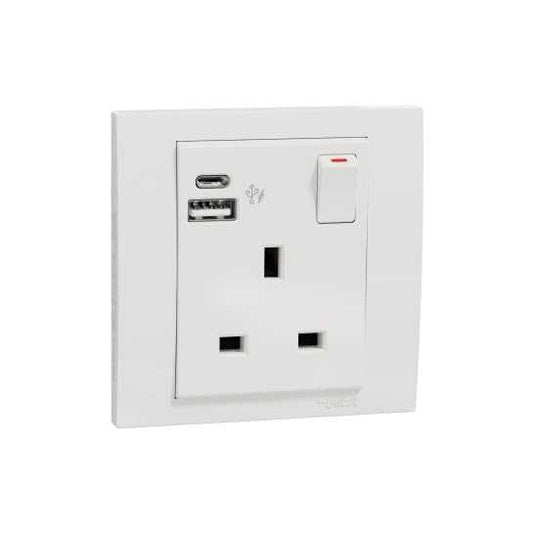 Schneider Electric Vivace, 1 Gang, Switched Socket with USB A+C, 13A, White, IP20, USB C, KB15DACUSB_WE - Deluxe Electricals