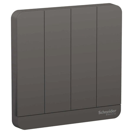 Schneider Electric AvatarOn E8334L1_DG 4-Gang switch plate, dark grey, front view with logo. UAE
